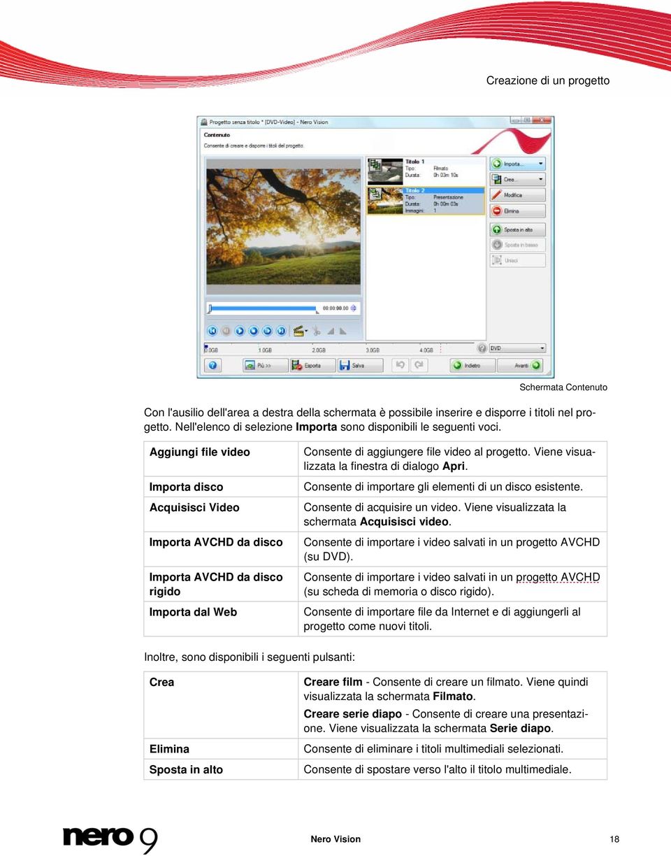 Aggiungi file video Importa disco Acquisisci Video Importa AVCHD da disco Importa AVCHD da disco rigido Importa dal Web Consente di aggiungere file video al progetto.
