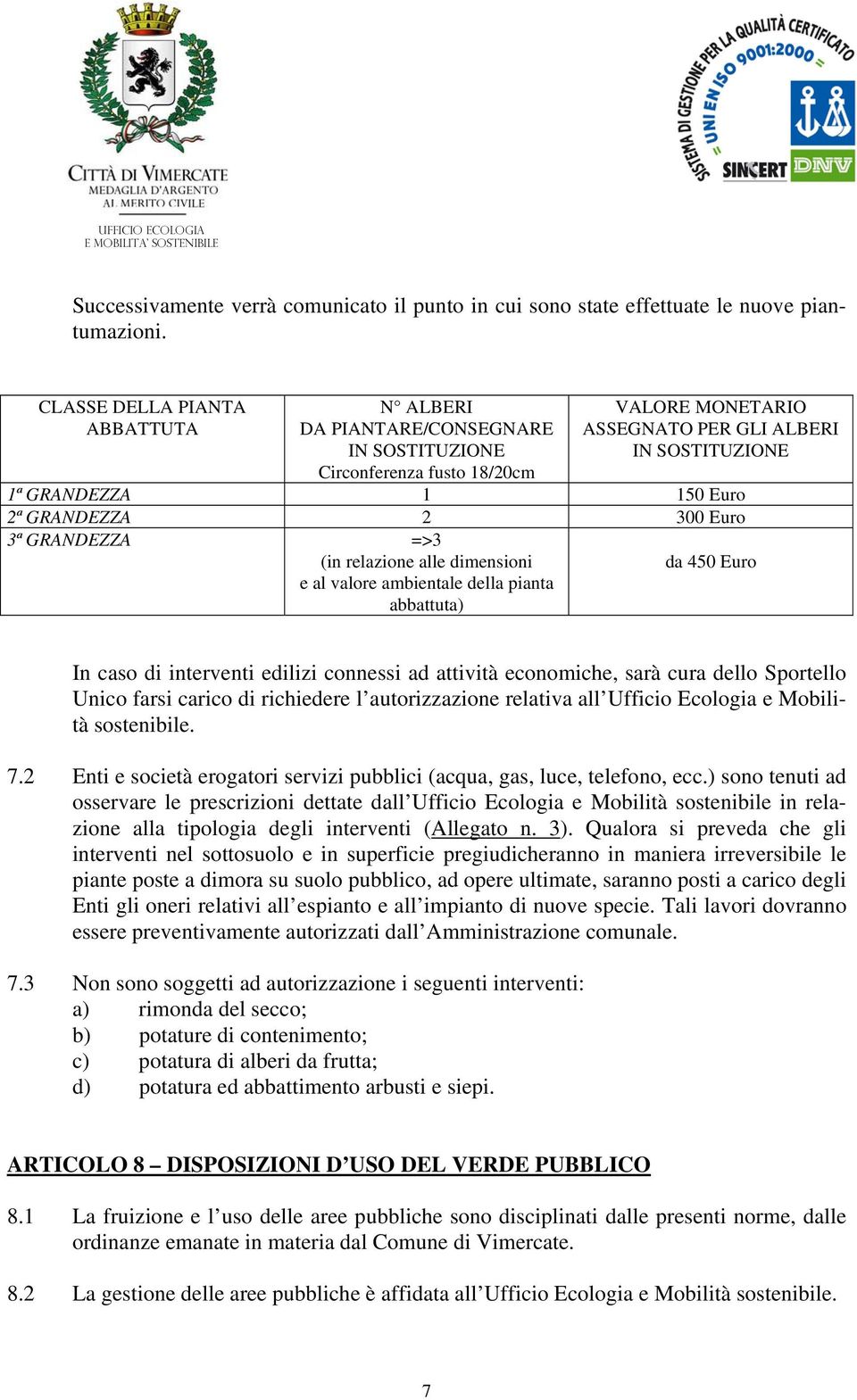 GRANDEZZA 2 300 Euro 3ª GRANDEZZA =>3 (in relazione alle dimensioni e al valore ambientale della pianta abbattuta) da 450 Euro In caso di interventi edilizi connessi ad attività economiche, sarà cura