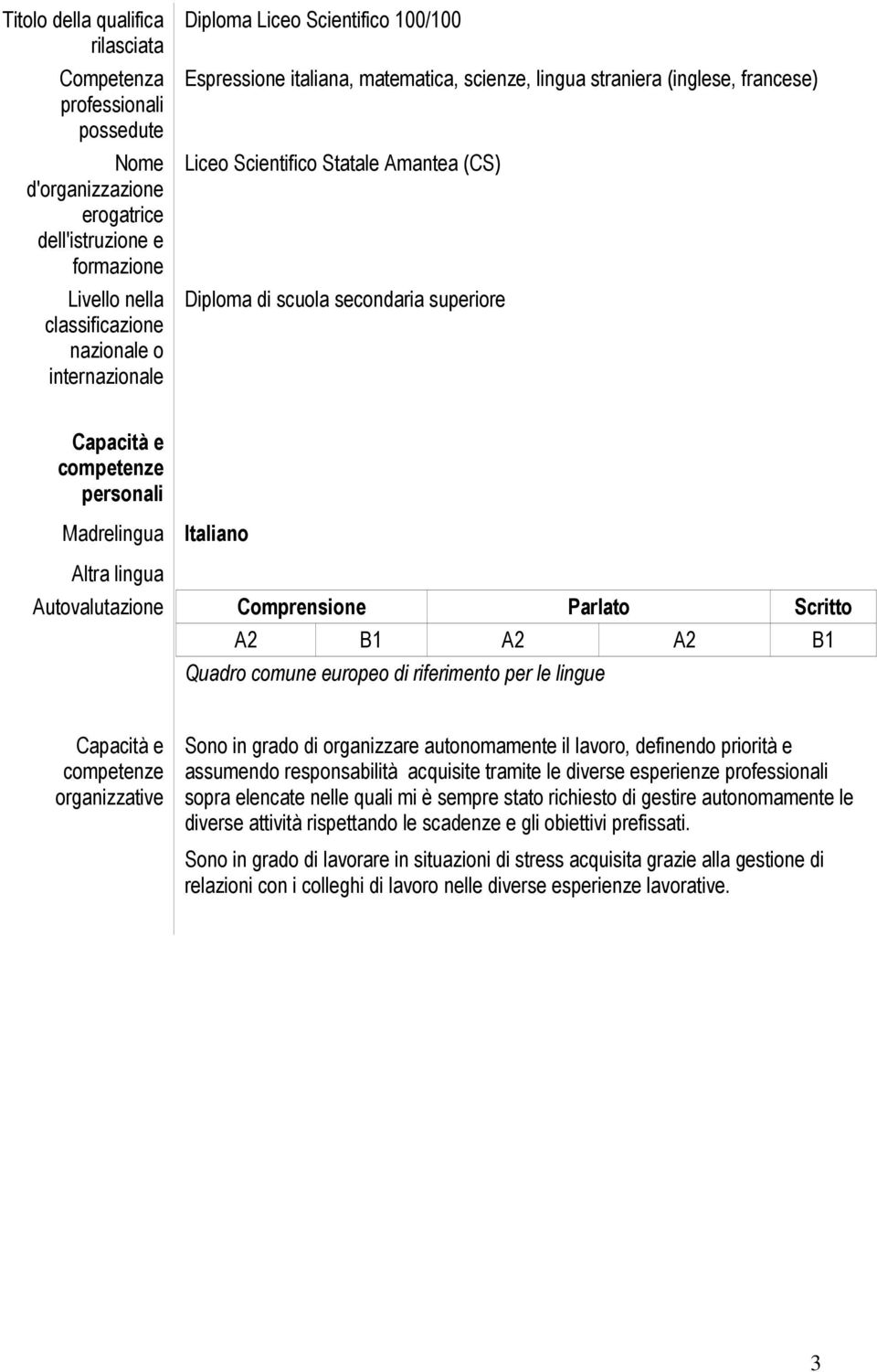 Comprensione Parlato Scritto A2 B1 A2 A2 B1 Quadro comune europeo di riferimento per le lingue organizzative Sono in grado di organizzare autonomamente il lavoro, definendo priorità e assumendo