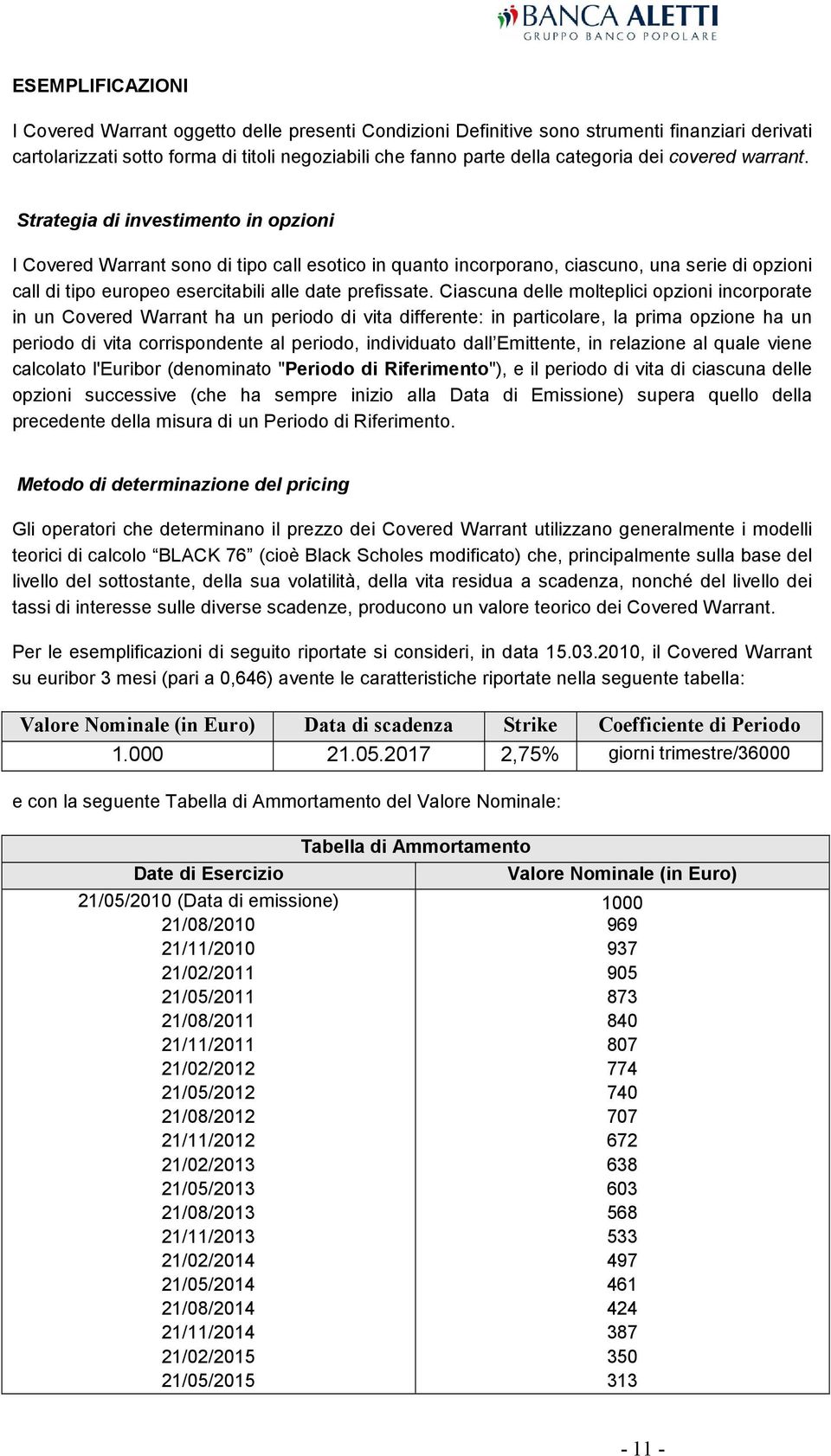 Strategia di investimento in opzioni I Covered Warrant sono di tipo call esotico in quanto incorporano, ciascuno, una serie di opzioni call di tipo europeo esercitabili alle date prefissate.