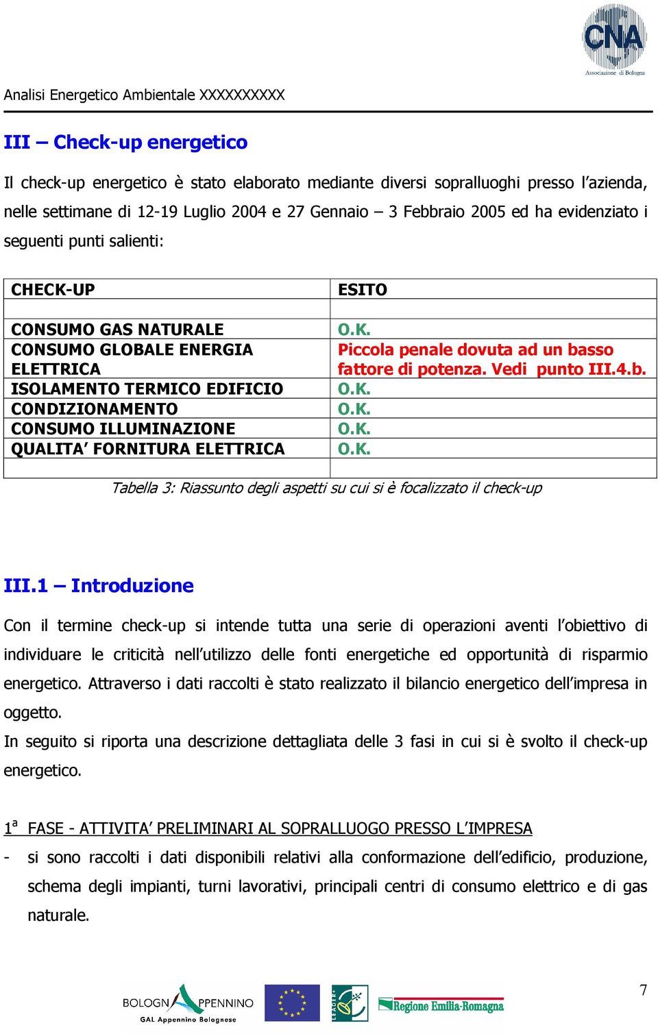 Vedi punto III.4.b. O.K. O.K. O.K. O.K. Tabella 3: Riassunto degli aspetti su cui si è focalizzato il check-up III.