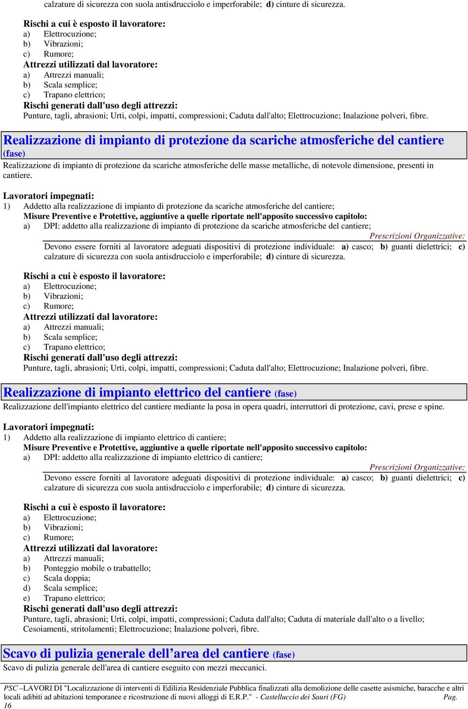 dall'uso degli attrezzi: Punture, tagli, abrasioni; Urti, colpi, impatti, compressioni; Caduta dall'alto; Elettrocuzione; Inalazione polveri, fibre.