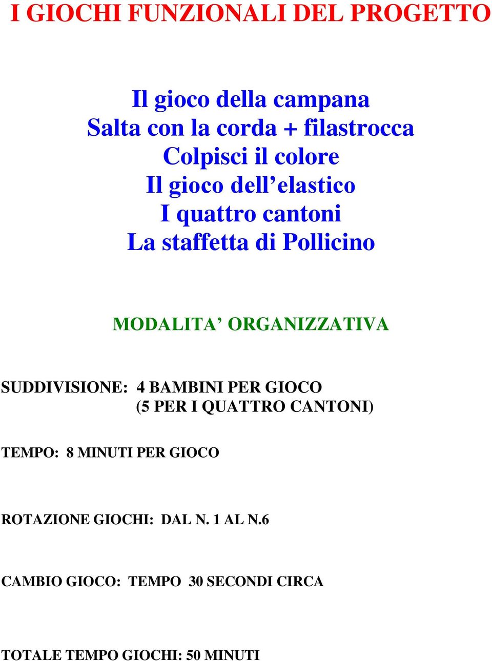 ORGANIZZATIVA SUDDIVISIONE: 4 BAMBINI PER GIOCO (5 PER I QUATTRO CANTONI) TEMPO: 8 MINUTI PER