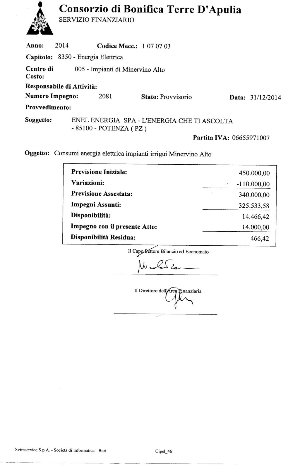 SPA - L'ENERGIA CHE TI ASCOLTA - 85100 - POTENZA ( PZ) Partita IVA: 06655971007 Oggetto: Consumi energia elettrica impianti irrigui Minervino Alto Previsione Iniziale: 450.000,00 Variazioni: 1 10.