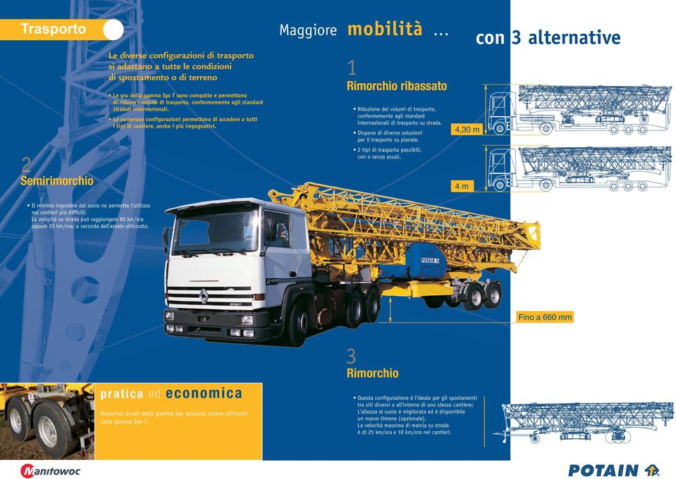 trasporto, conformemente agli standard stradali internazionali. Le numerose configurazioni permettono di accedere a tutti i tipi di cantiere, anche i più impegnativi.