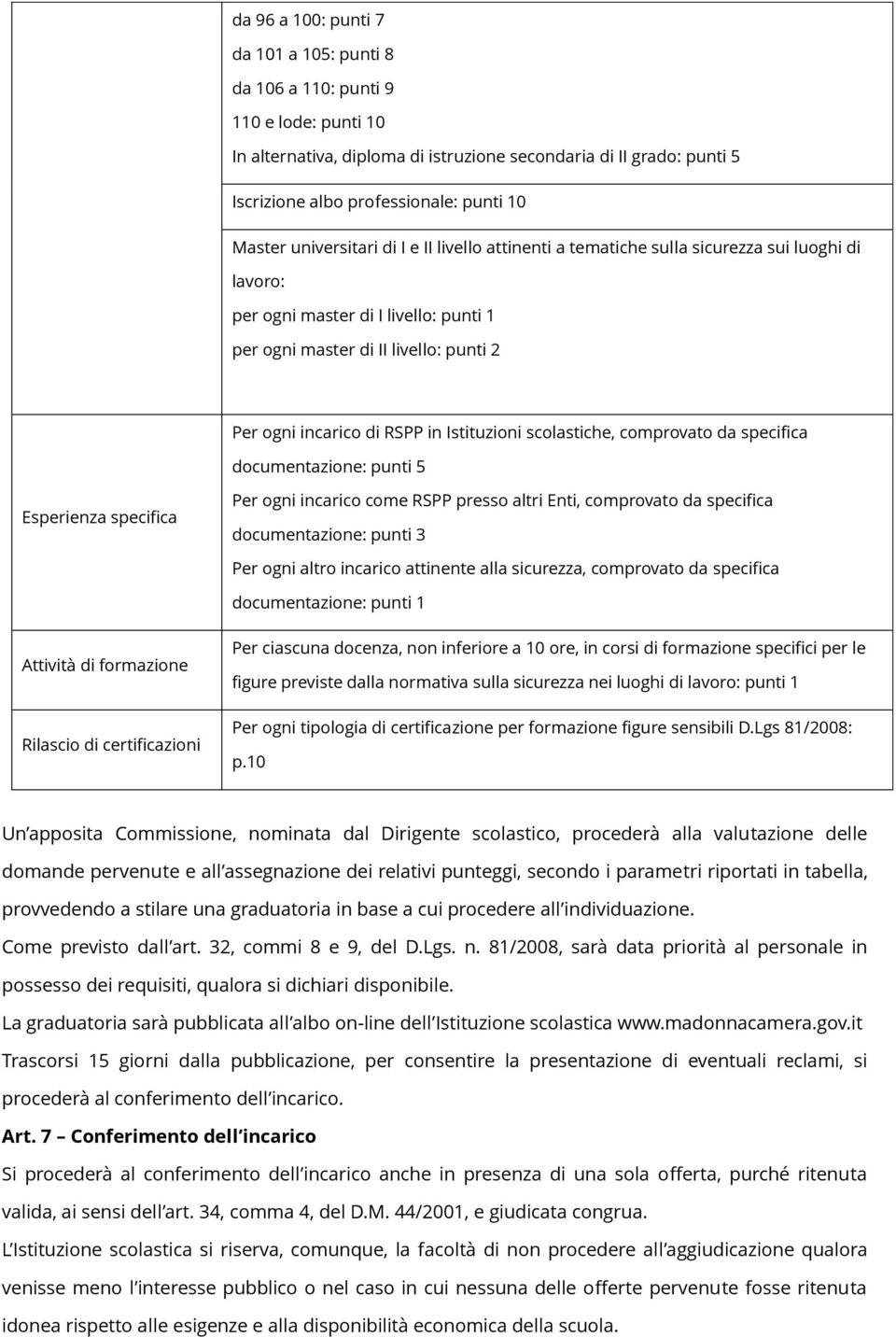 RSPP in Istituzioni scolastiche, comprovato da specifica documentazione: punti 5 Esperienza specifica Per ogni incarico come RSPP presso altri Enti, comprovato da specifica documentazione: punti 3