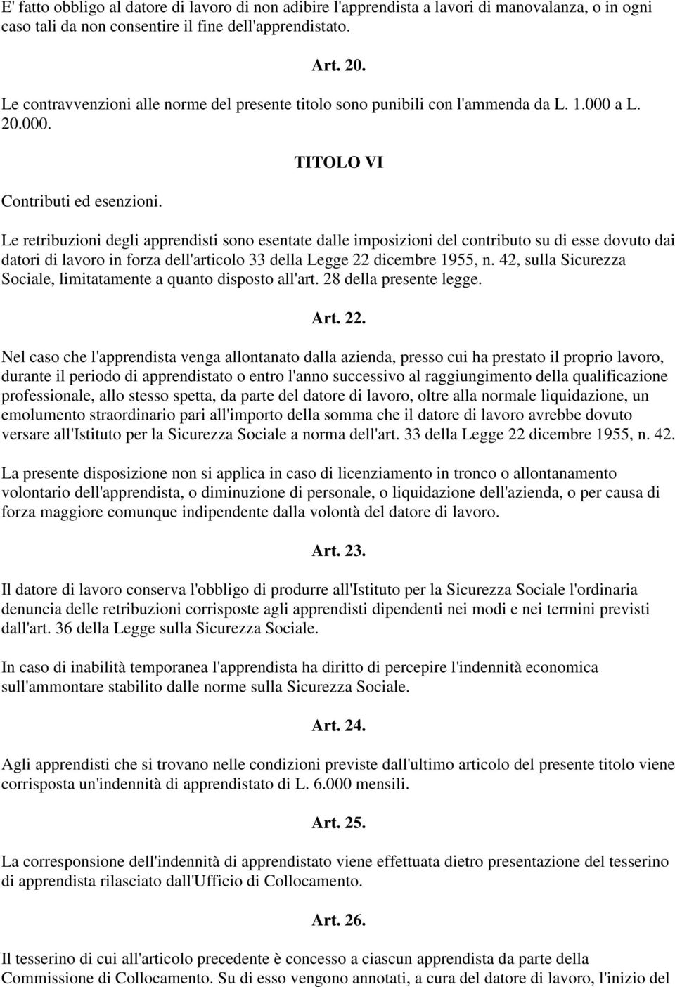 TITOLO VI Le retribuzioni degli apprendisti sono esentate dalle imposizioni del contributo su di esse dovuto dai datori di lavoro in forza dell'articolo 33 della Legge 22 dicembre 1955, n.