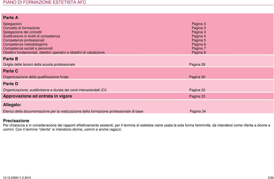 Organizzazione della qualificazione finale Pagina 30 Parte D Organizzazione, suddivisione e durata dei corsi (CI) Pagina 32 Approvazione ed entrata in vigore Pagina 33 Allegato: Elenco della