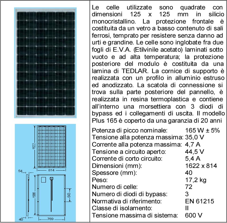 (Etilvinile acetato) laminati sotto vuoto e ad alta temperatura; la protezione posteriore del modulo è costituita da una lamina di TEDLAR.