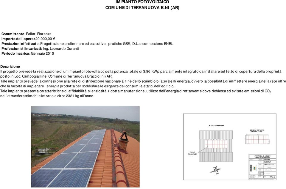 Leonardo Duranti Periodo incarico: Gennaio 2010 Descrizione Il progetto prevede la realizzazione di un impianto fotovoltaico della potenza totale di 3,96 KWp parzialmente