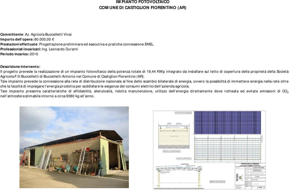Leonardo Duranti Periodo incarico: 2010 Il progetto prevede la realizzazione di un impianto fotovoltaico della potenza totale di 19,44 KWp integrato da installare sul tetto di