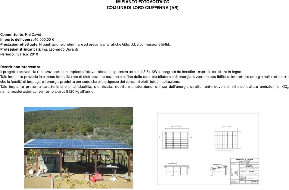 Leonardo Duranti Periodo incarico: 2010 Il progetto prevede la realizzazione di un impianto fotovoltaico della potenza totale di 8,64 KWp