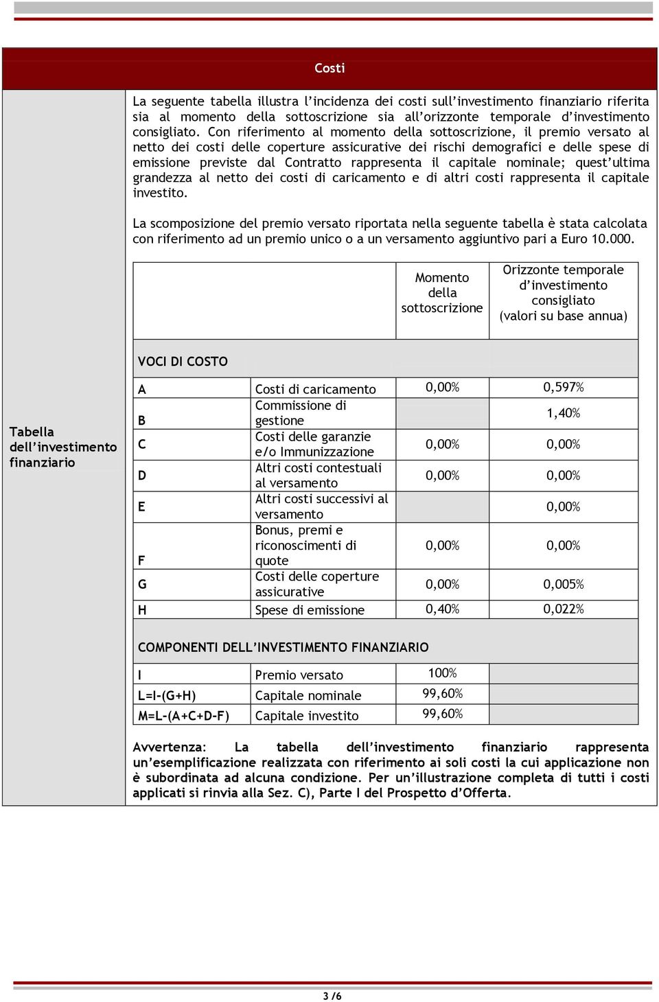 il capitale nominale; quest ultima grandezza al netto dei costi di caricamento e di altri costi rappresenta il capitale investito.