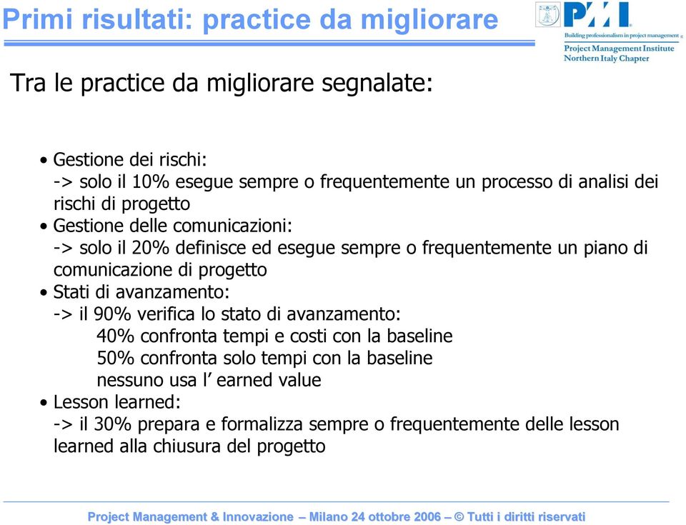 comunicazione di progetto Stati di avanzamento: -> il 90% verifica lo stato di avanzamento: 40% confronta tempi e costi con la baseline 50% confronta solo