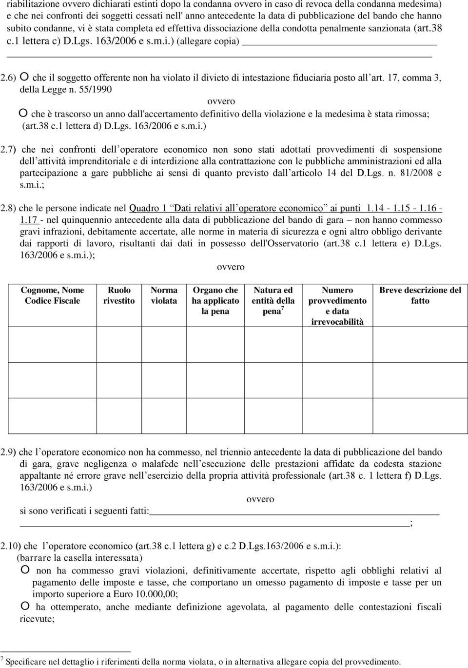 6) che il soggetto offerente non ha violato il divieto di intestazione fiduciaria posto all art. 17, comma 3, della Legge n.