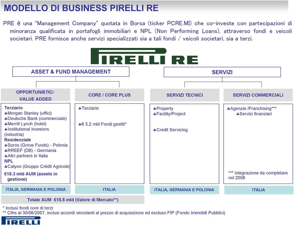 PRE fornisce anche servizi specializzati sia a tali fondi / veicoli societari, sia a terzi.