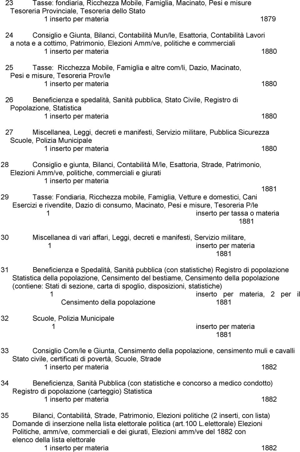 Pesi e misure, Tesoreria Prov/le 1 inserto per materia 1880 26 Beneficienza e spedalità, Sanità pubblica, Stato Civile, Registro di Popolazione, Statistica 1 inserto per materia 1880 27 Miscellanea,