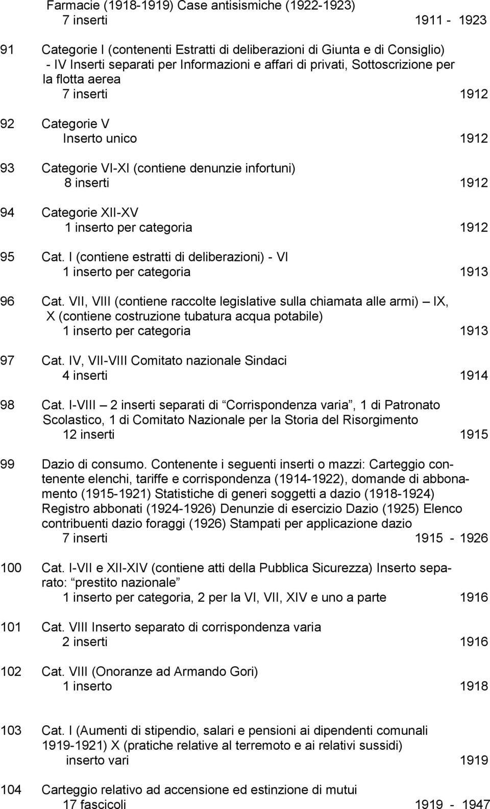 categoria 1912 95 Cat. I (contiene estratti di deliberazioni) - VI 1 inserto per categoria 1913 96 Cat.