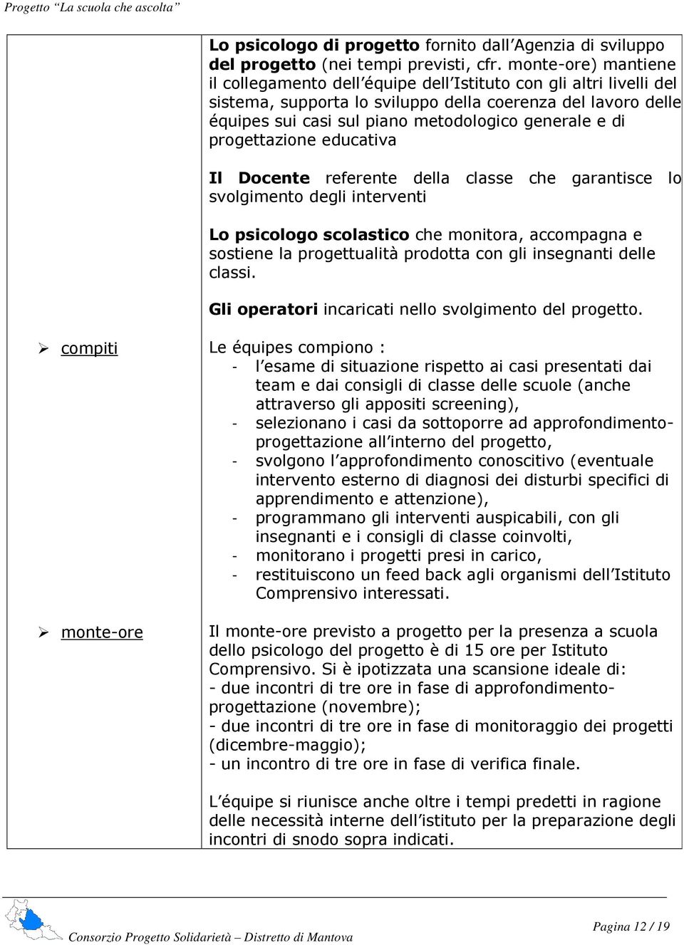 e di progettazione educativa Il Docente referente della classe che garantisce lo svolgimento degli interventi Lo psicologo scolastico che monitora, accompagna e sostiene la progettualità prodotta con