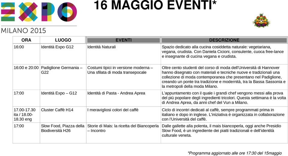 16:00 e 20:00 Padiglione Germania G22 Costumi tipici in versione moderna Una sfilata di moda transepocale Oltre cento studenti del corso di moda dell'università di Hannover hanno disegnato con