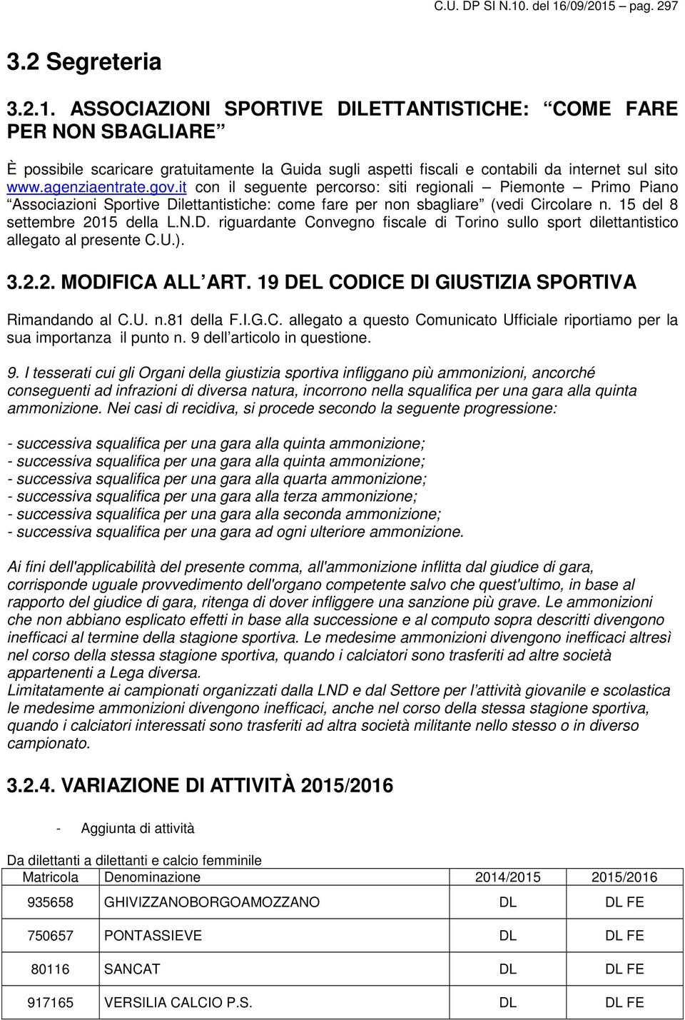 15 del 8 settembre 2015 della L.N.D. riguardante Convegno fiscale di Torino sullo sport dilettantistico allegato al presente C.U.). 3.2.2. MODIFICA ALL ART.