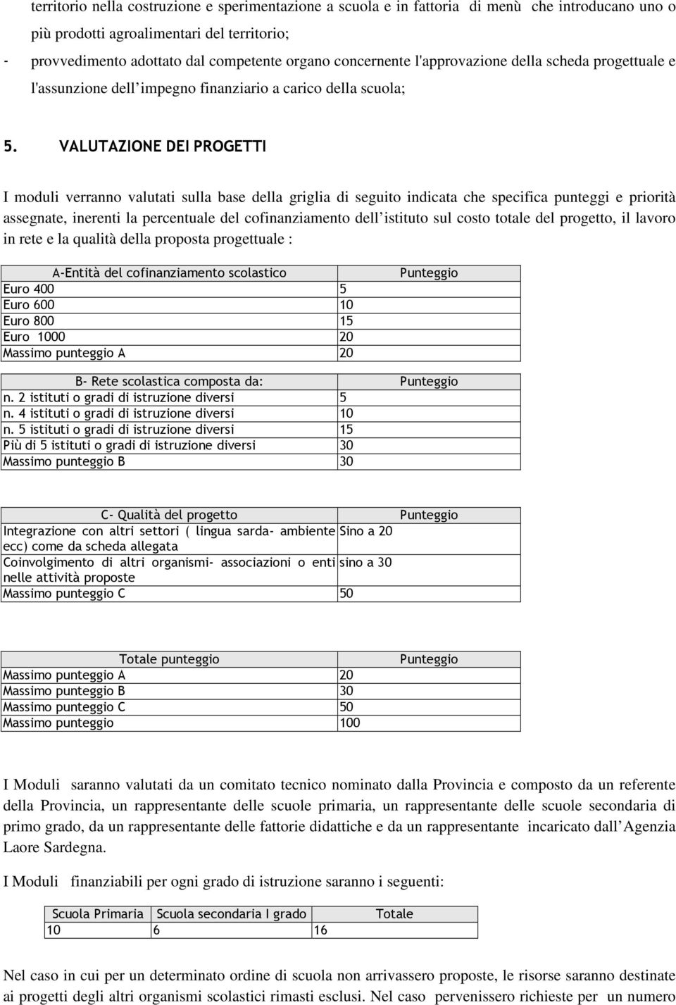 VALUTAZIONE DEI PROGETTI I moduli verranno valutati sulla base della griglia di seguito indicata che specifica punteggi e priorità assegnate, inerenti la percentuale del cofinanziamento dell istituto