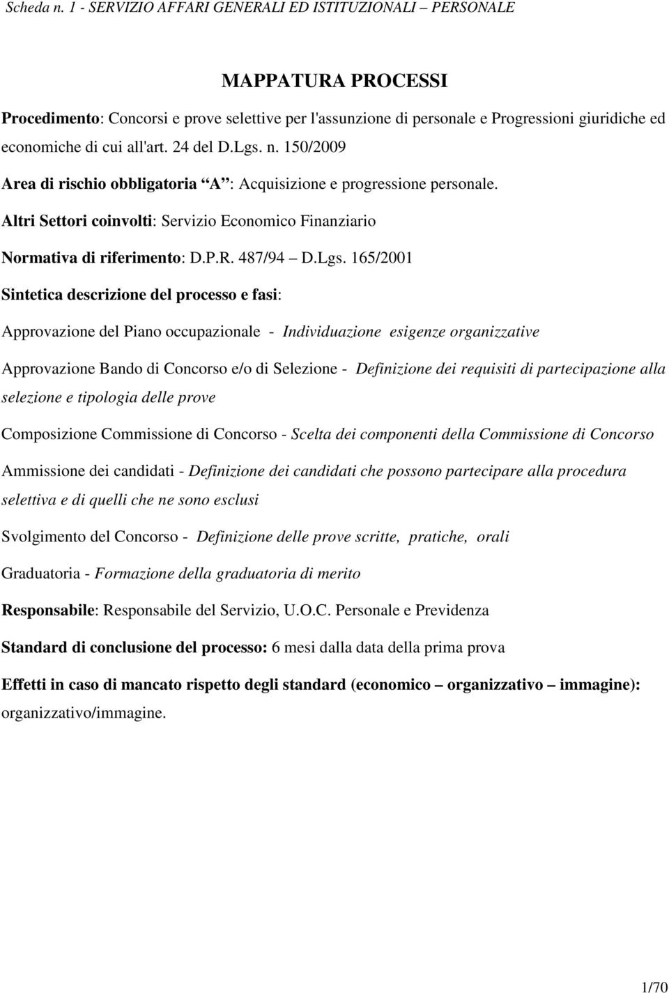 n. 150/2009 Area di rischio obbligatoria A : Acquisizione e progressione personale. Altri Settori coinvolti: Servizio Economico Finanziario Normativa di riferimento: D.P.R. 487/94 D.Lgs.