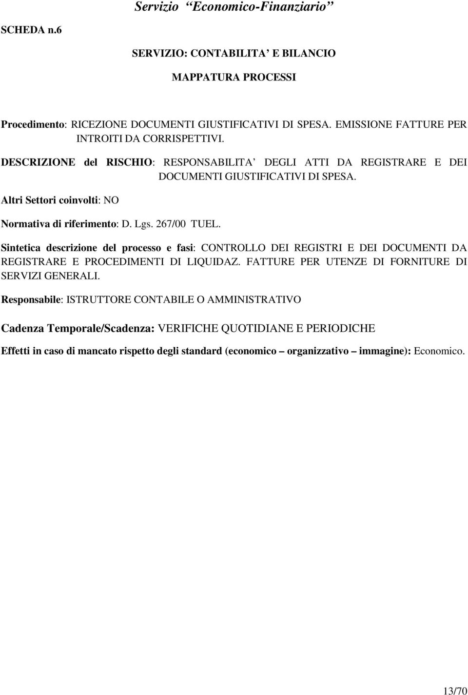 Sintetica descrizione del processo e fasi: CONTROLLO DEI REGISTRI E DEI DOCUMENTI DA REGISTRARE E PROCEDIMENTI DI LIQUIDAZ. FATTURE PER UTENZE DI FORNITURE DI SERVIZI GENERALI.