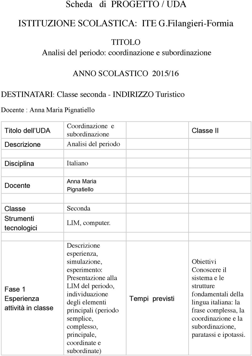 Coornazione e subornazione Classe II Descrizione Analisi del periodo Disciplina Italiano Docente Anna Maria Pignatiello Classe Seconda Strumenti tecnologici LIM, computer.