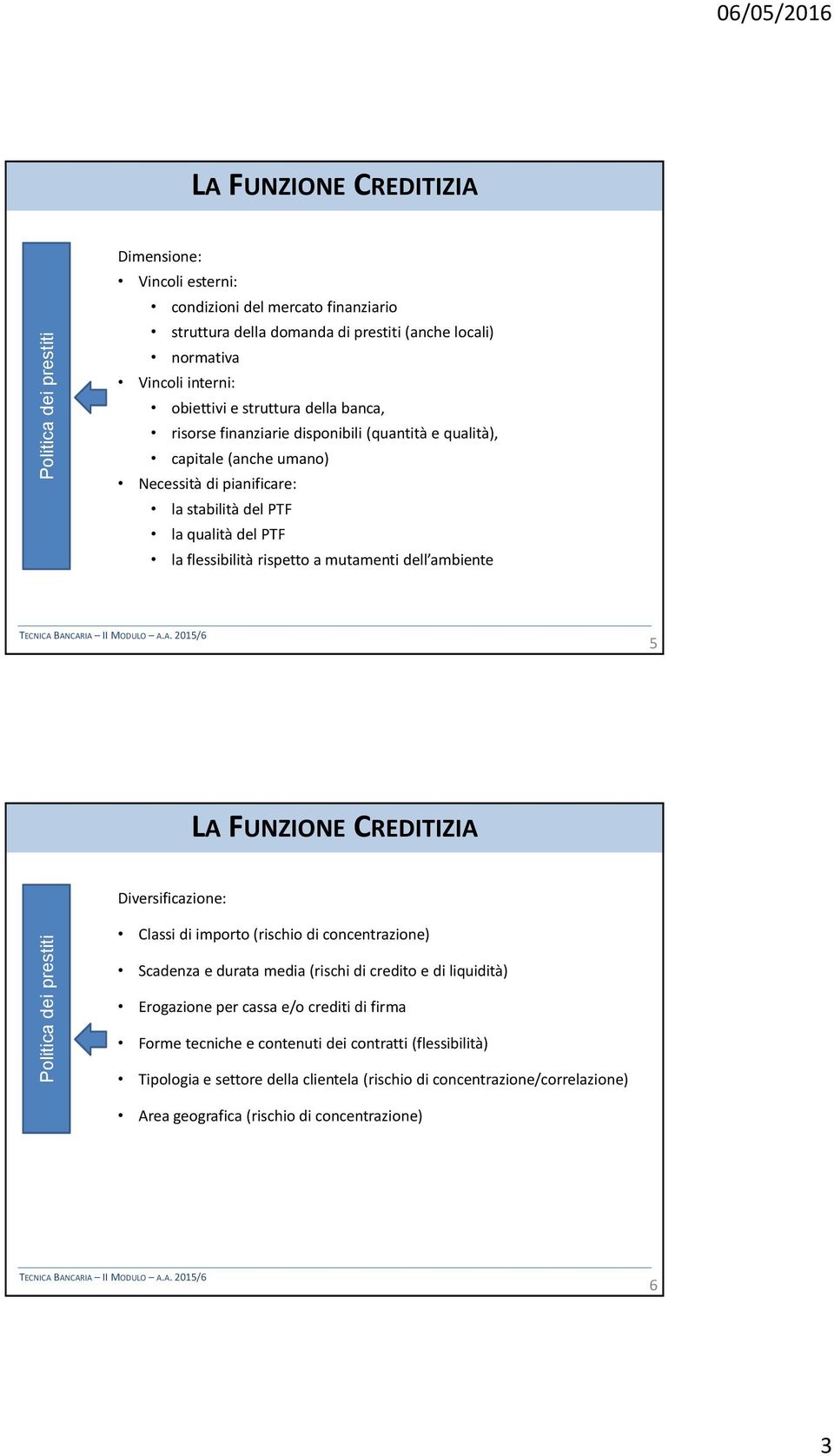 mutamenti dell ambiente 5 LA FUNZIONE CREDITIZIA Diversificazione: Politica dei prestiti Classi di importo (rischio di concentrazione) Scadenza e durata media (rischi di credito e di liquidità)