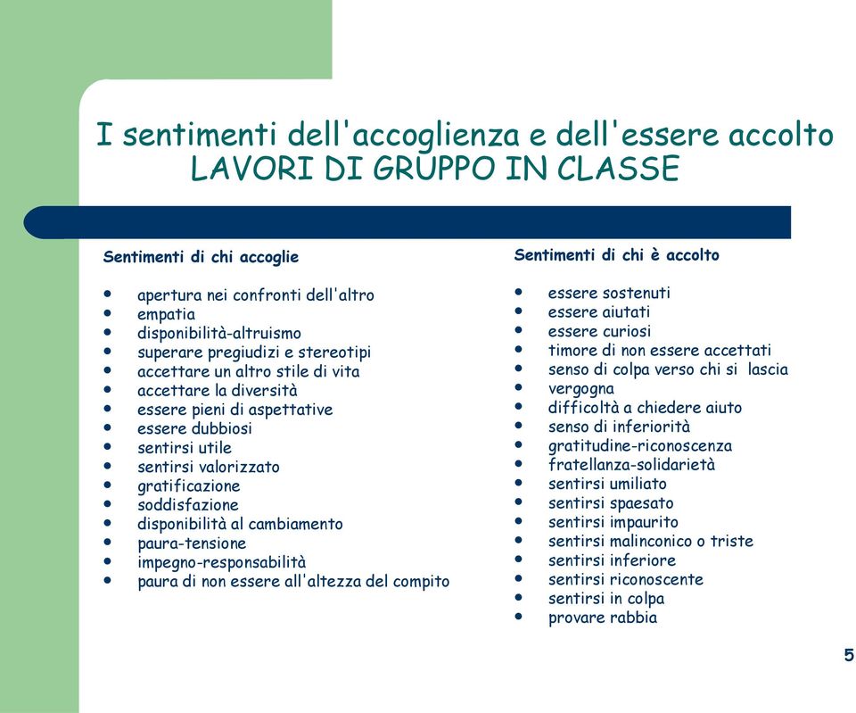 disponibilità al cambiamento paura-tensione impegno-responsabilità paura di non essere all'altezza del compito essere sostenuti essere aiutati essere curiosi timore di non essere accettati senso di