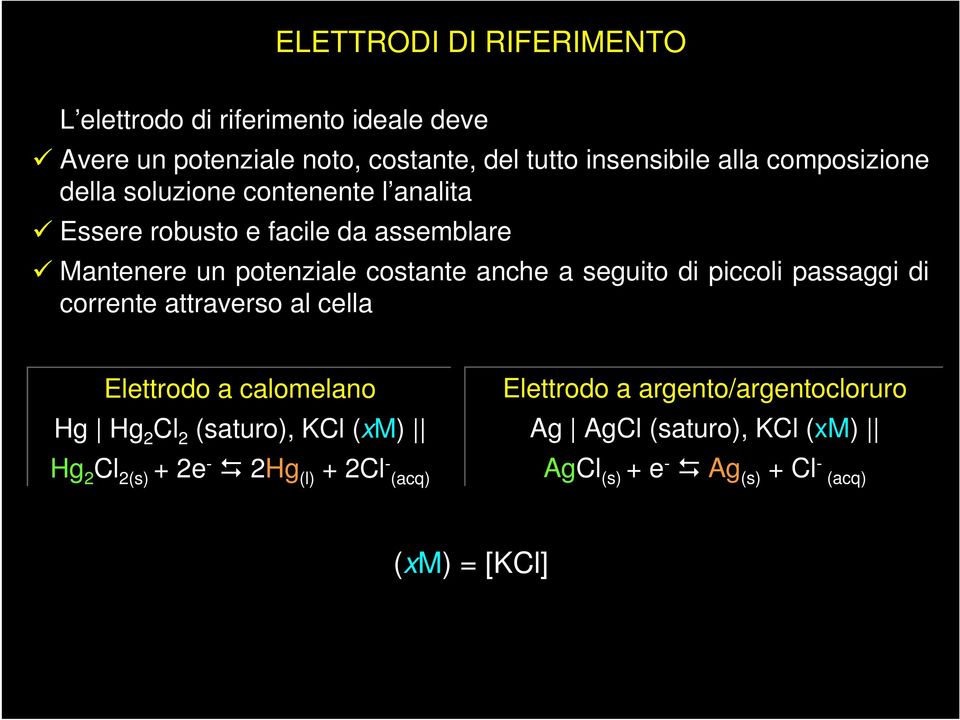 seguito di piccoli passaggi di corrente attraverso al cella Elettrodo a calomelano Hg Hg 2 Cl 2 (saturo), KCl (xm) Hg 2 Cl 2(s) +