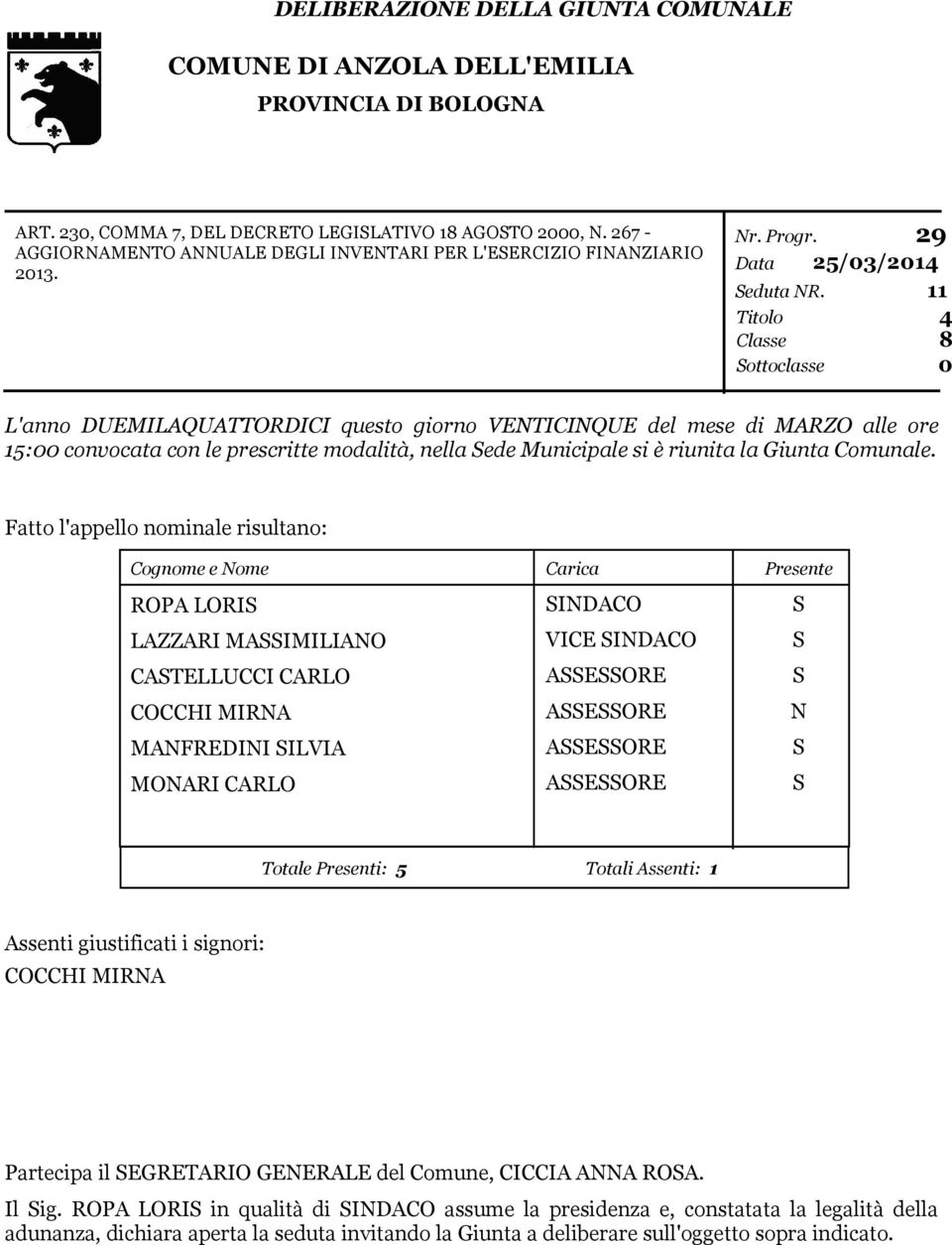 Titolo Classe Sottoclasse 29 11 4 8 0 L'anno DUEMILAQUATTORDICI questo giorno VENTICINQUE del mese di MARZO alle ore 15:00 convocata con le prescritte modalità, nella Sede Municipale si è riunita la