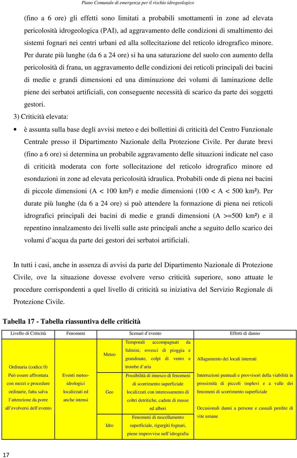 Per durate più lunghe (da 6 a 24 ore) si ha una saturazione del suolo con aumento della pericolosità di frana, un aggravamento delle condizioni dei reticoli principali dei bacini di medie e grandi