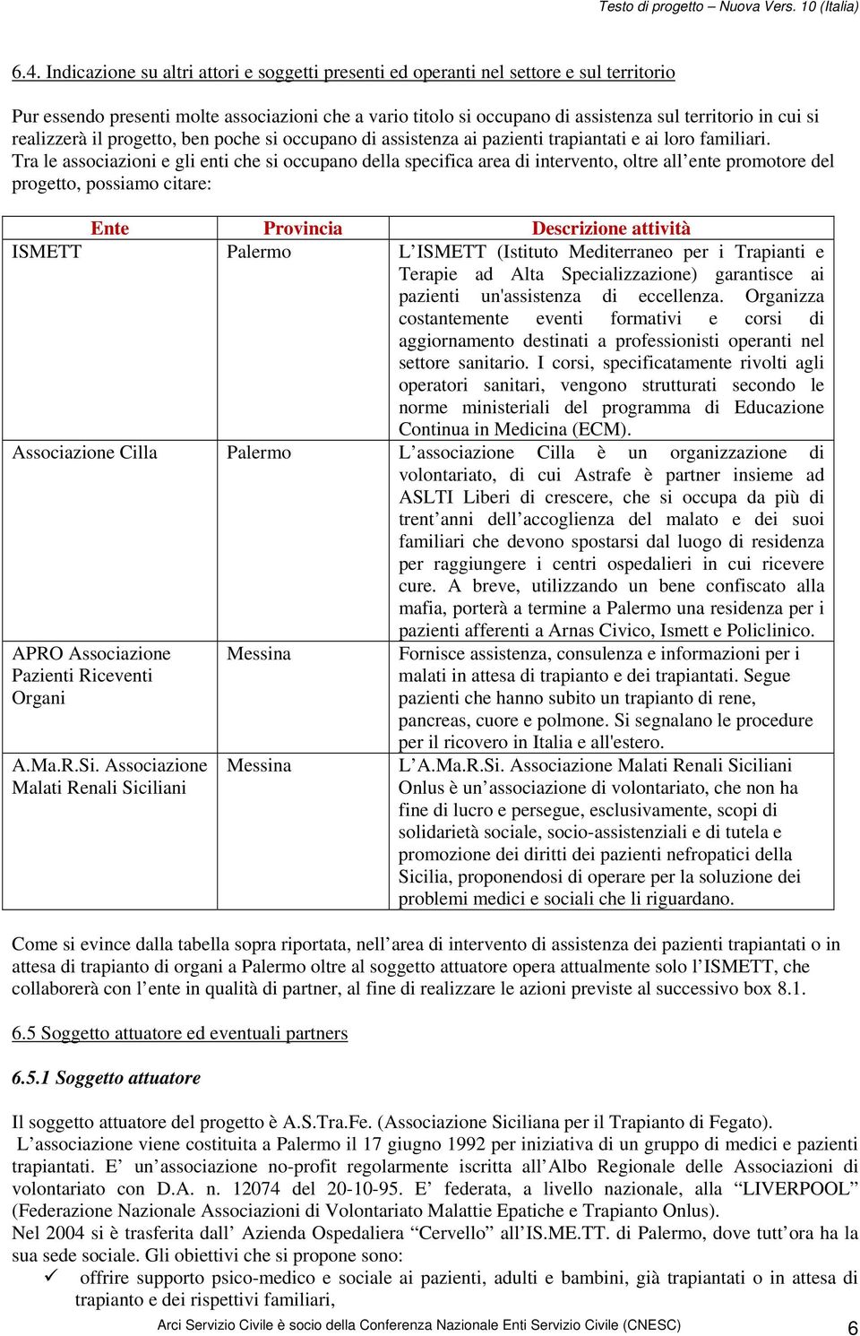 Tra le associazioni e gli enti che si occupano della specifica area di intervento, oltre all ente promotore del progetto, possiamo citare: Ente Provincia Descrizione attività ISMETT Palermo L ISMETT