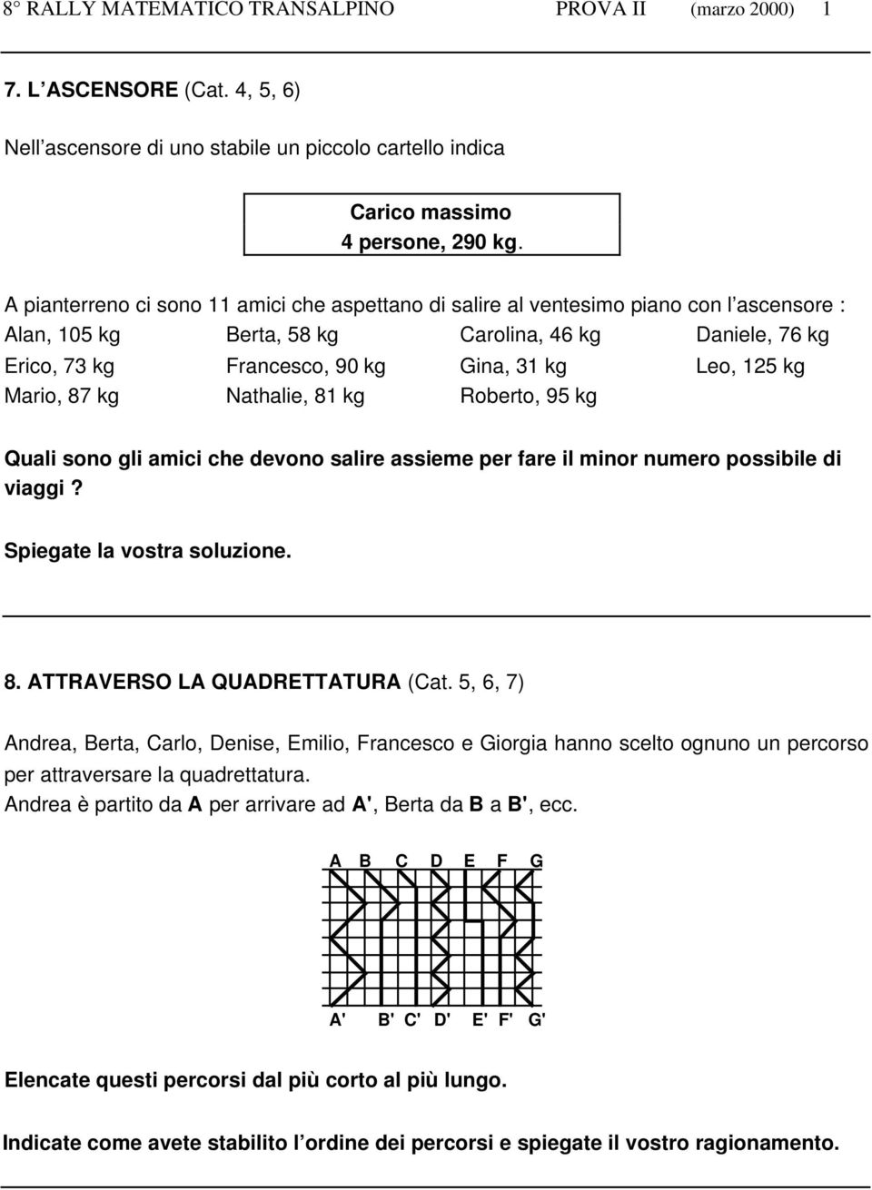 kg Mario, 87 kg Nathalie, 81 kg Roberto, 95 kg Quali sono gli amici che devono salire assieme per fare il minor numero possibile di viaggi? Spiegate la vostra soluzione. 8. ATTRAVERSO LA QUADRETTATURA (Cat.