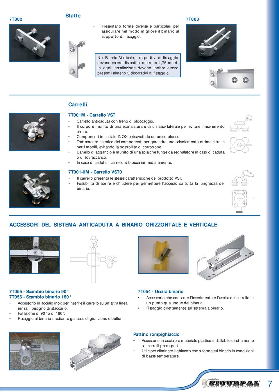 Carrelli 7T001M - Carrello VST Carrello anticaduta con freno di bloccaggio. Il corpo è munito di una scanalatura e di un asse laterale per evitare l inserimento errato.