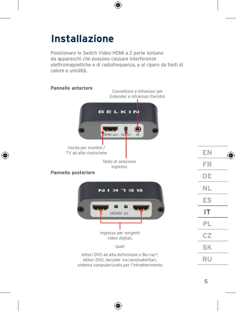 Pannello anteriore Connettore a infrarossi per Extender a infrarossi (fornito) Uscita per monitor / TV ad alta risoluzione Pannello posteriore