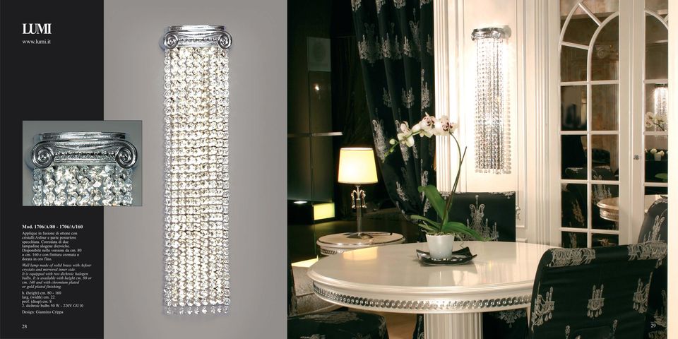 Wall lamp made of solid brass with Asfour crystals and mirrored inner side. It is equipped with two dichroic halogen bulbs.