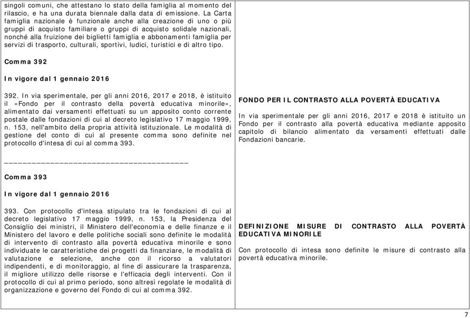 abbonamenti famiglia per servizi di trasporto, culturali, sportivi, ludici, turistici e di altro tipo. Comma 392 392.