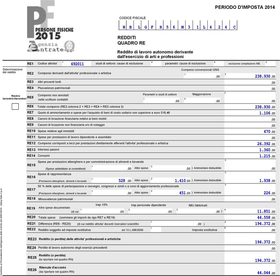 + RE + RE + RE colonna ) Canoni di locazione finanziaria relativi ai beni mobili Spese relative agli immobili Spese per prestazioni di lavoro dipendente e assimilato (Prestazioni alberghiere,