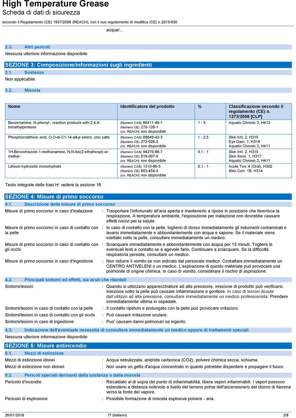 REACH) non disponibile Phosphorodithioic acid, O,O-di-C1-14-alkyl esters, zinc salts (Numero CAS) 68649-42-3 (Numero CE) 272-028-3 (no.