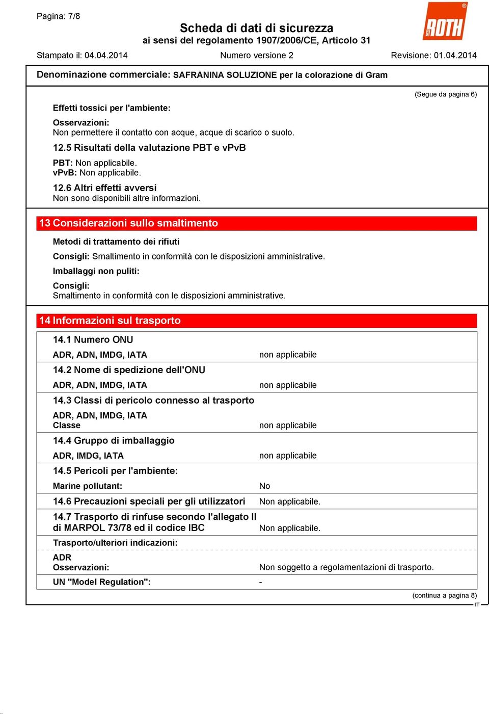 6 Altri effetti avversi (Segue da pagina 6) 13 Considerazioni sullo smaltimento Metodi di trattamento dei rifiuti Consigli: Smaltimento in conformità con le disposizioni amministrative.