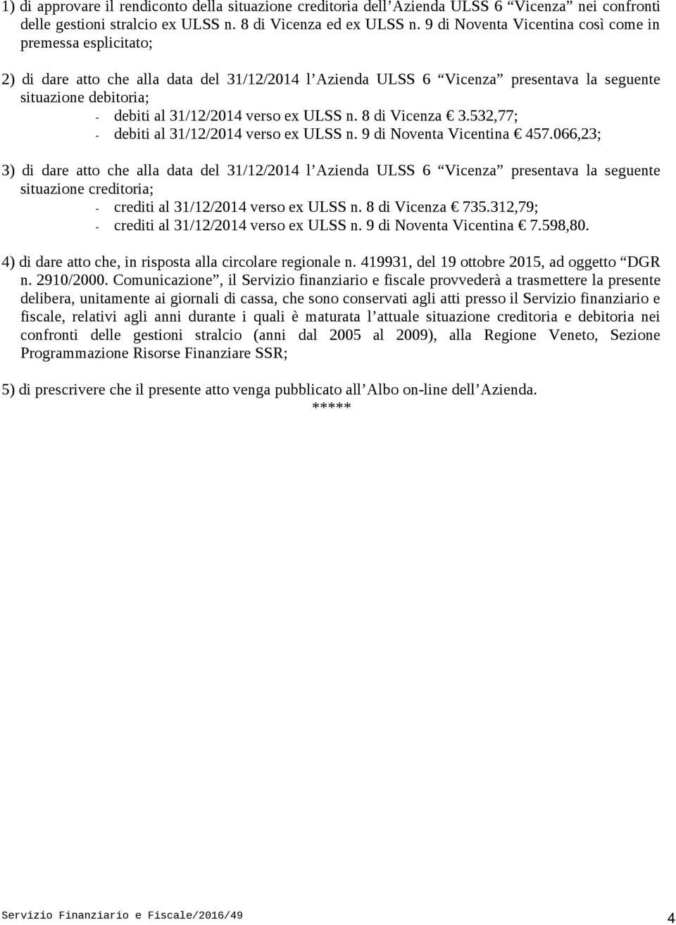 verso ex ULSS n. 8 di Vicenza 3.532,77; - debiti al 31/12/2014 verso ex ULSS n. 9 di Noventa Vicentina 457.