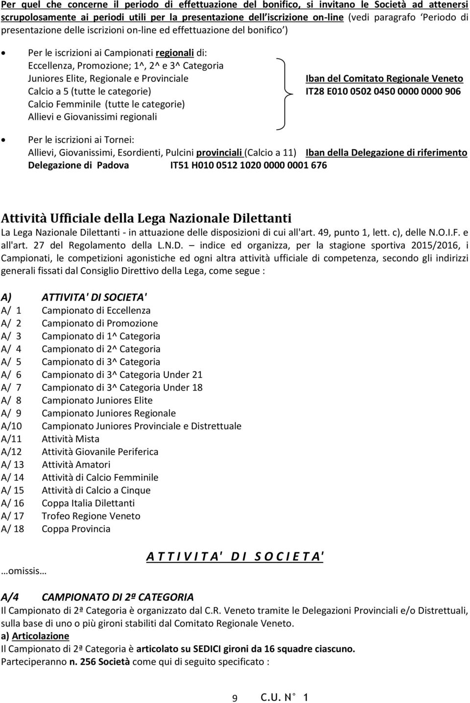 e Provinciale Iban del Comitato Regionale Veneto Calcio a 5 (tutte le categorie) IT28 E010 0502 0450 0000 0000 906 Calcio Femminile (tutte le categorie) Allievi e Giovanissimi regionali Per le