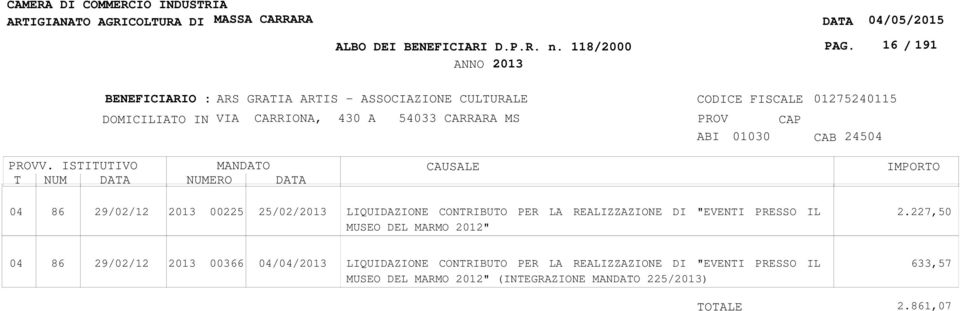 LIQUIDAZIONE CONTRIBUTO PER LA REALIZZAZIONE DI "EVENTI PRESSO IL MUSEO DEL MARMO 2012" 2.