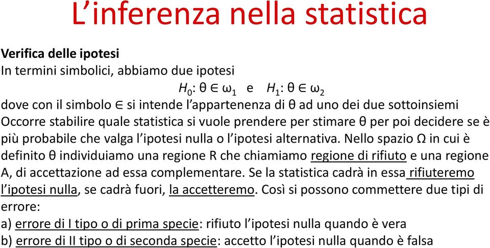 Nello spazio Ω in cui è definito θ individuiamo una regione R che chiamiamo regione di rifiuto e una regione A, di accettazione ad essa complementare.