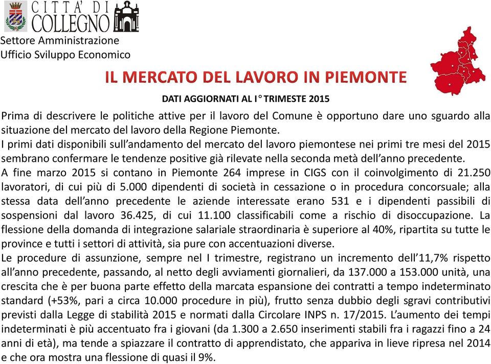 A fine marzo 2015 si contano in Piemonte 264 imprese in CIGS con il coinvolgimento di 21.250 lavoratori, di cui più di 5.