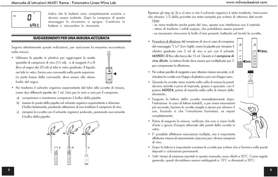 Utilizzare le pipette in plastica per aggiungere le esatte quantità di campione di vino (15 ml), o di reagenti A o B (fino al segno dei 20 ml) ai tubi in vetro graduato.