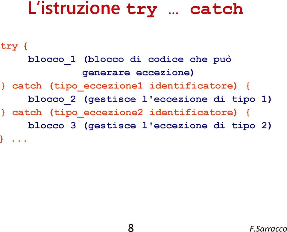 blocco_2 (gestisce l'eccezione di tipo 1) } catch